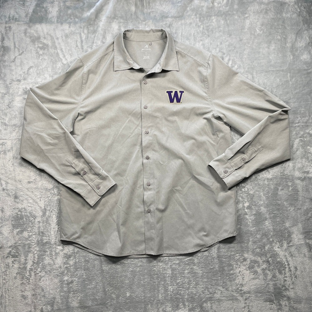 Washington Huskies Mens Gray Performance Button Up Shirt Antigua University L